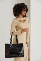Crinkle Patent Tote Shoulder Bag - Black