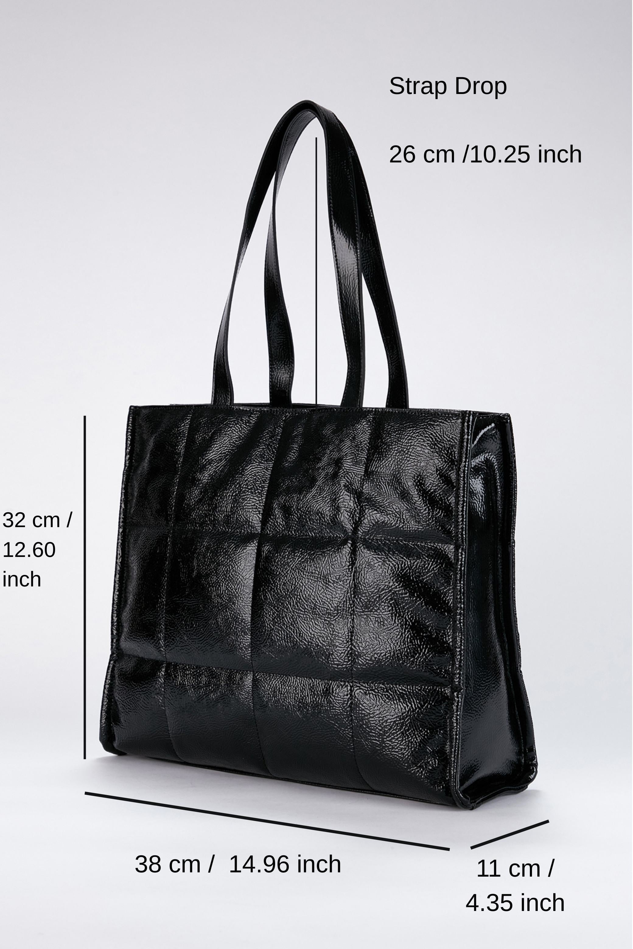 Quilted Crinkle Patent Pu Leather Tote Bag - Black