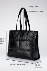 Quilted Crinkle Patent Pu Leather Tote Bag - Black