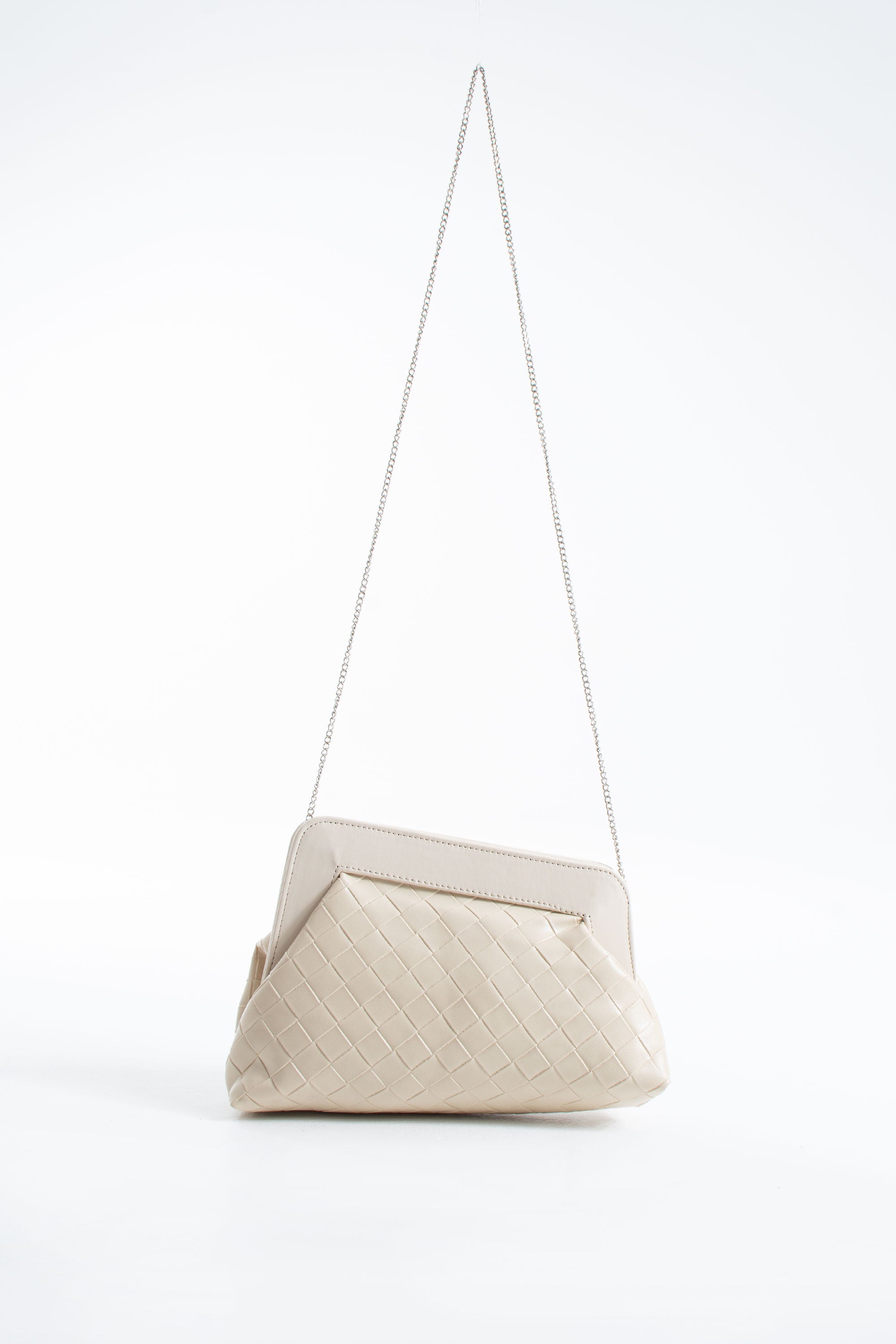 Asymmetrical Braided Pu Leather Clutch Bag With Detachable Strap - Cream