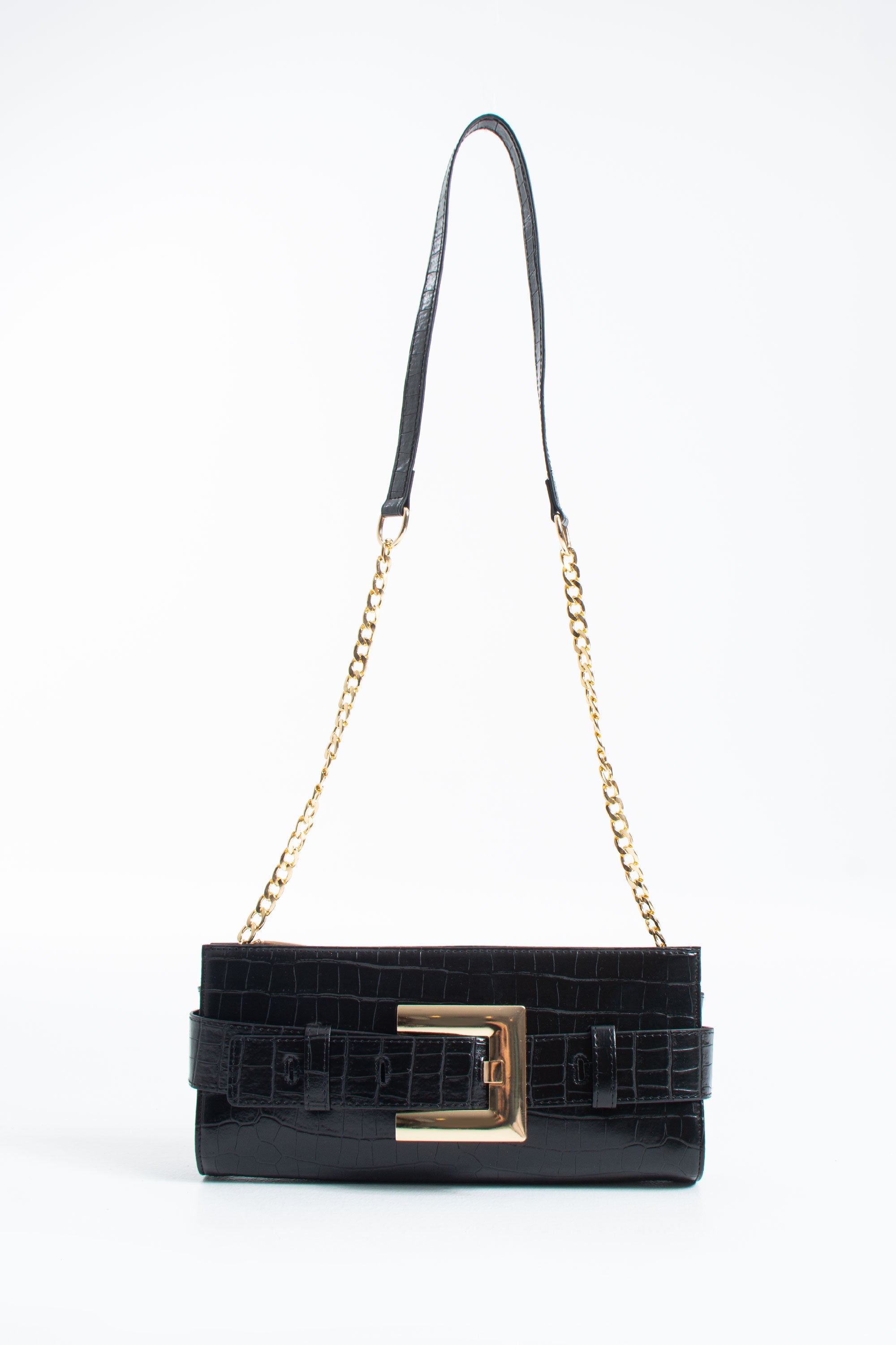Croc PU Leather Shoulder & Clutch Bag with Large Gold Buckle - Black