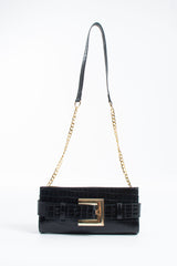 Croc PU Leather Shoulder & Clutch Bag with Large Gold Buckle - Black