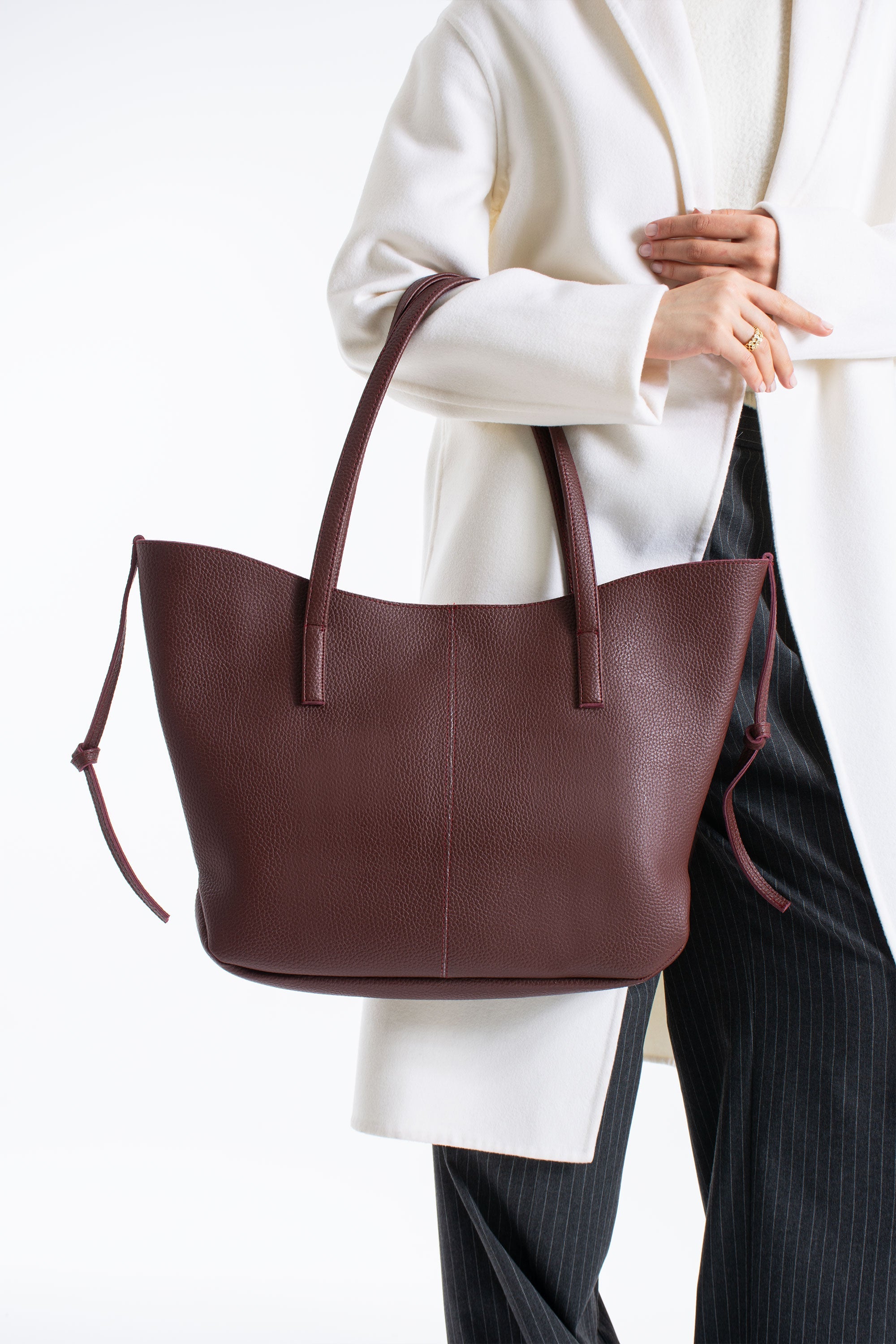 Grain Pu Leather Large Tote Bag with Matching Zipper Pouch  2PCS Set - Burgundy