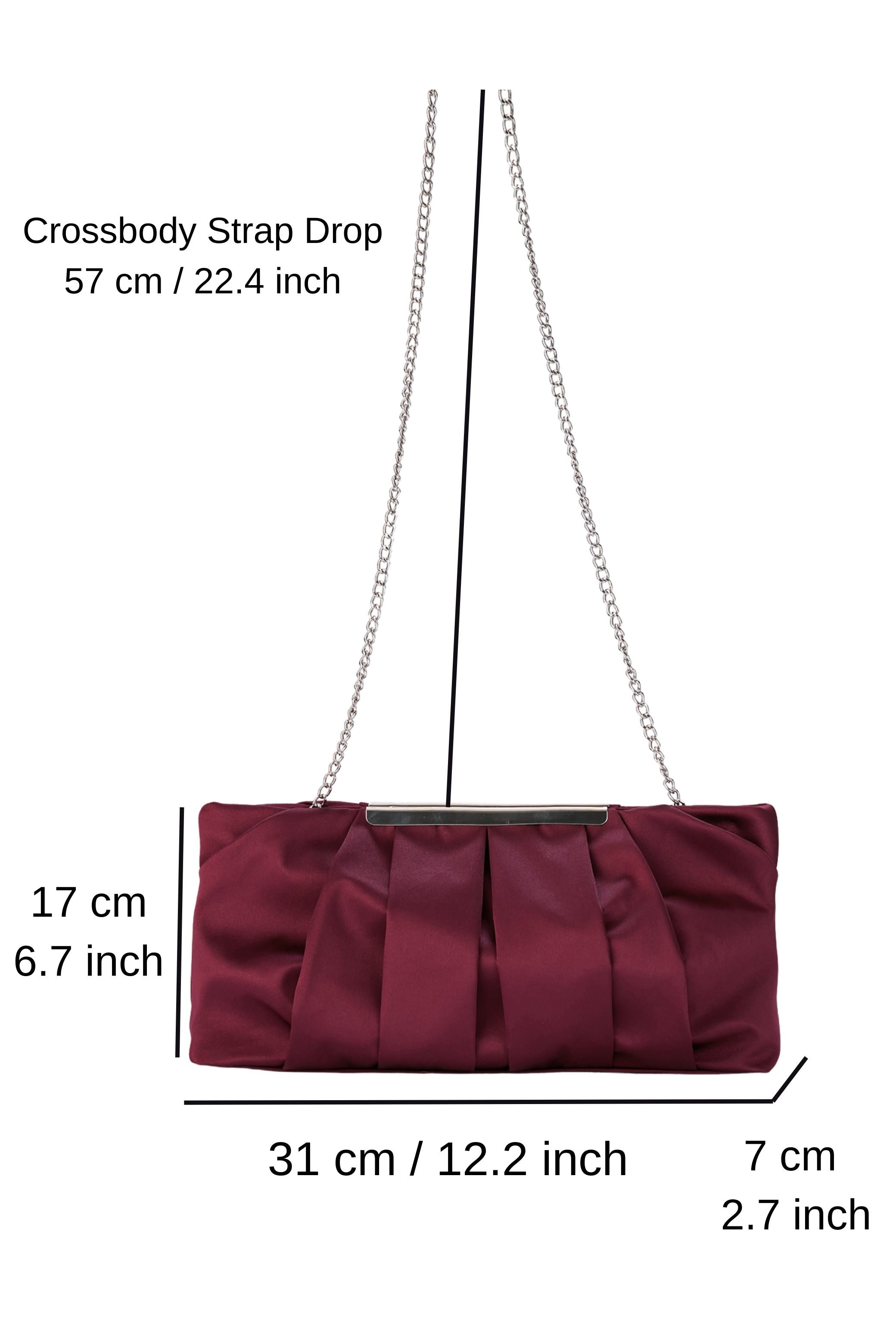 Pleated Satin Clutch Bag with Detachable Strap - Burgundy