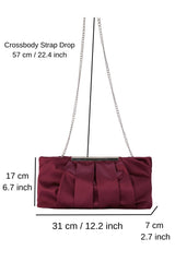 Pleated Satin Clutch Bag with Detachable Strap - Burgundy