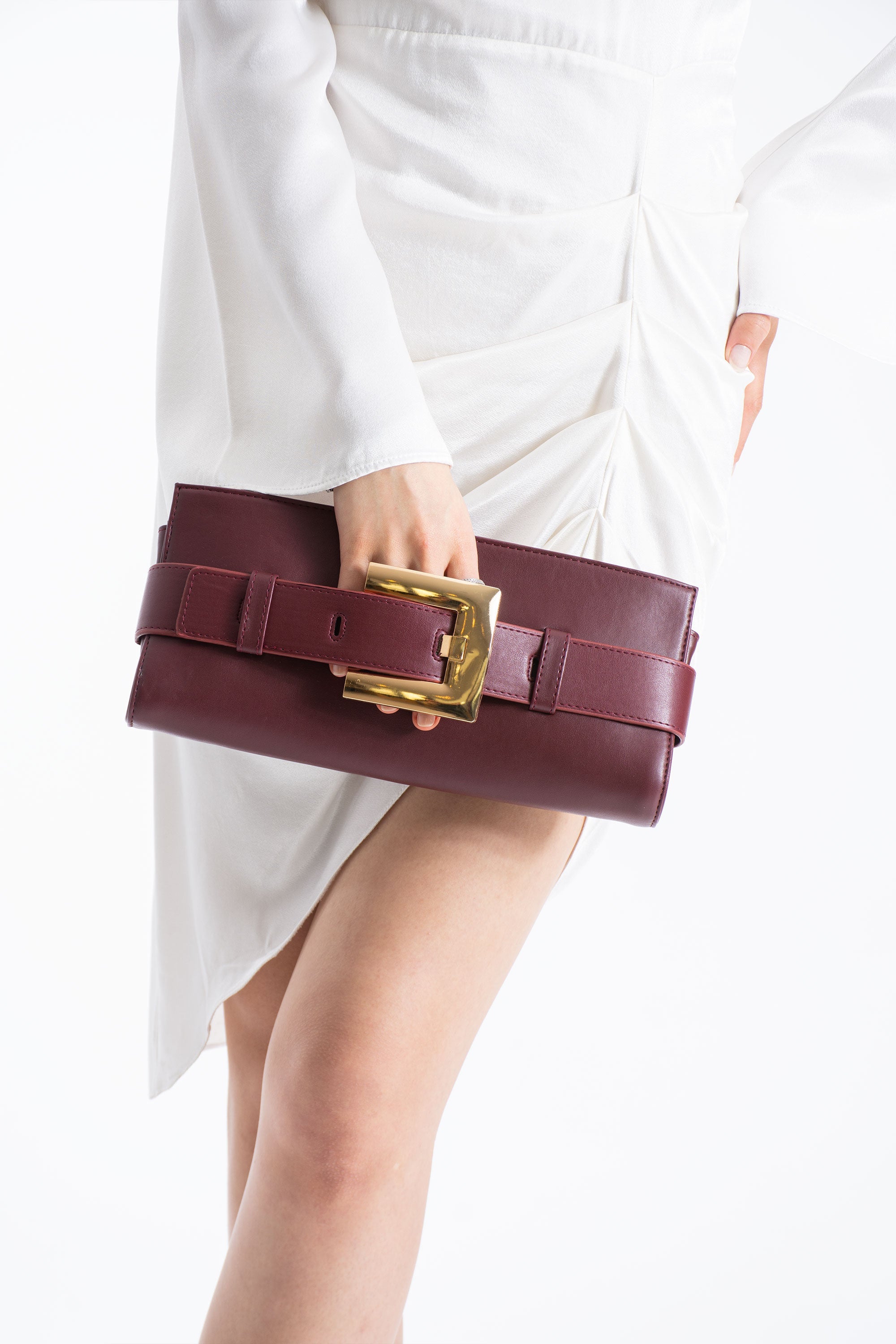 PU Leather Shoulder & Clutch Bag with Large Gold Buckle - Burgundy