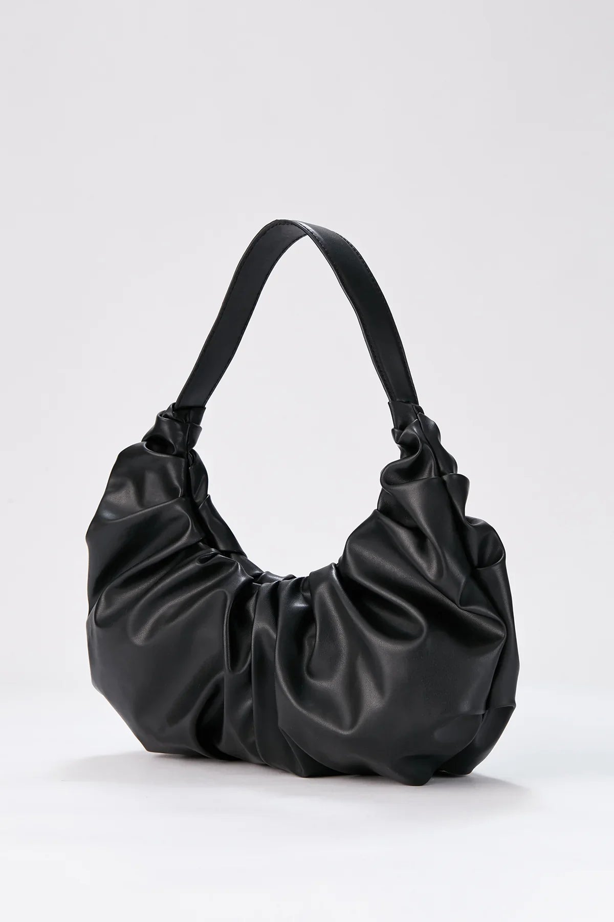 Pu Leather Pleated Shoulder Bag - Black