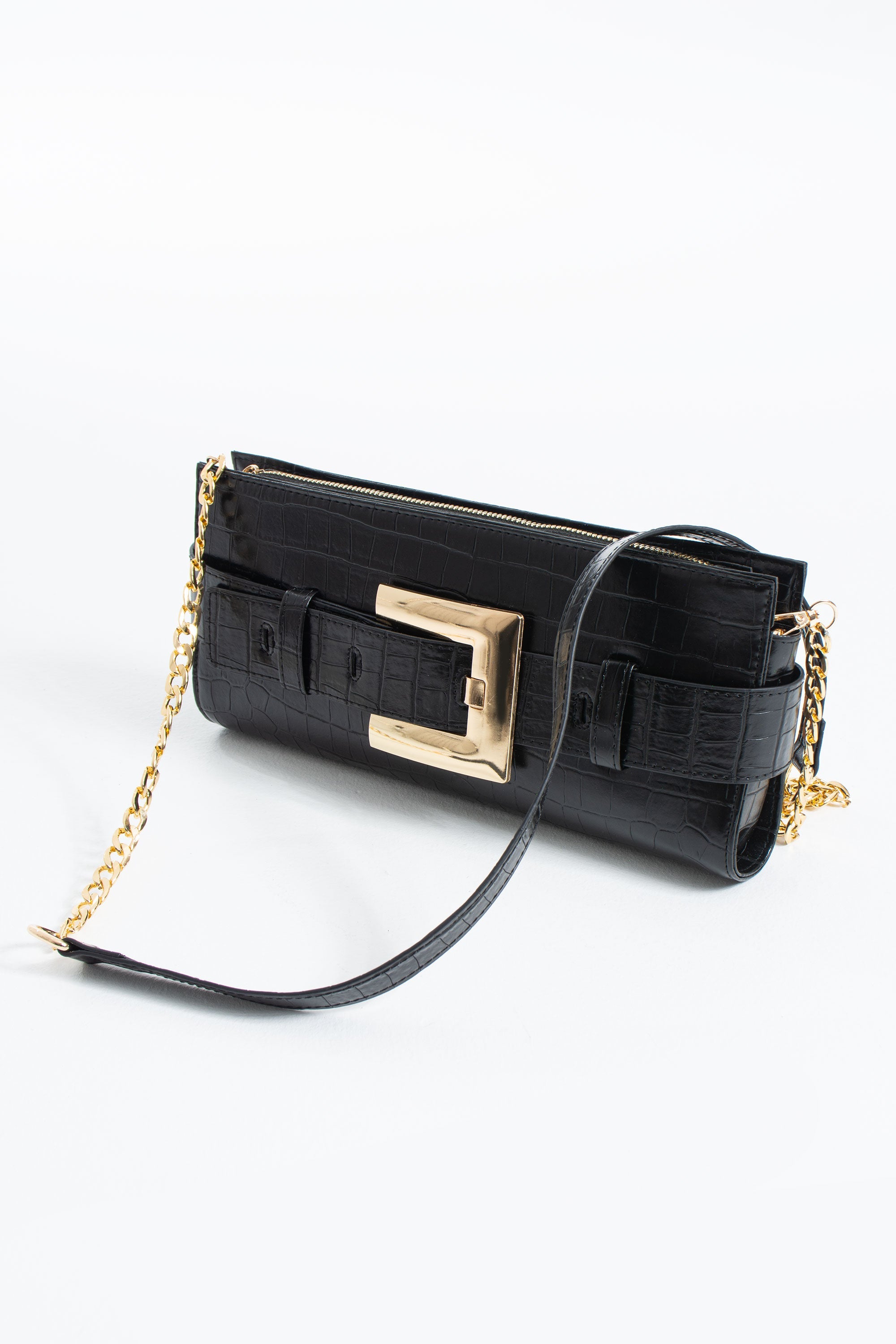 Croc PU Leather Shoulder & Clutch Bag with Large Gold Buckle - Black