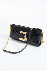 Croc PU Leather Shoulder & Clutch Bag with Large Gold Buckle - Black