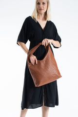 Woven Leather Slouchy Tote Bag with Matching Zipper Pouch 2PCS Set - Tan
