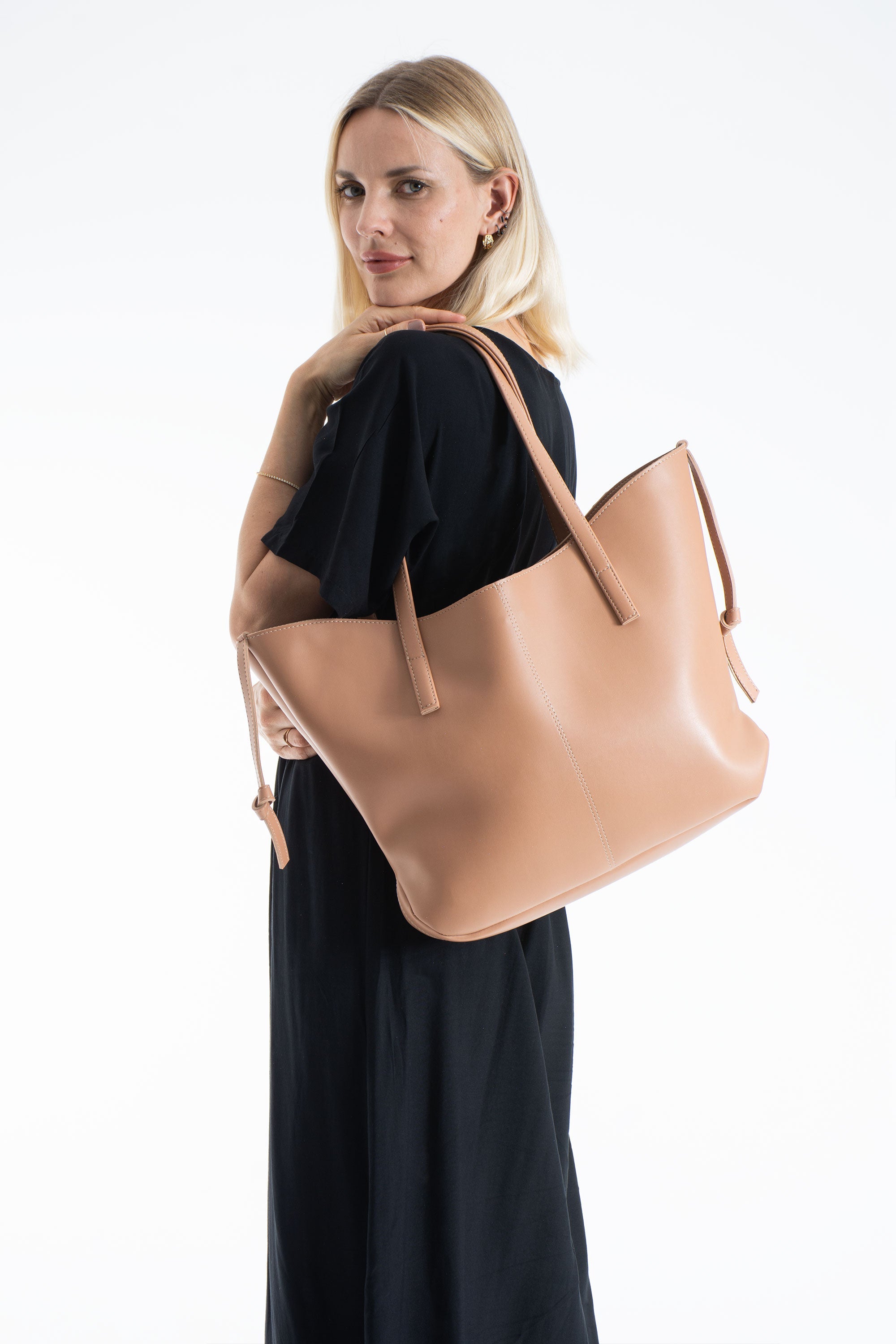 Pu Leather Large Tote Bag with Matching Zipper Pouch  2PCS Set - Nude