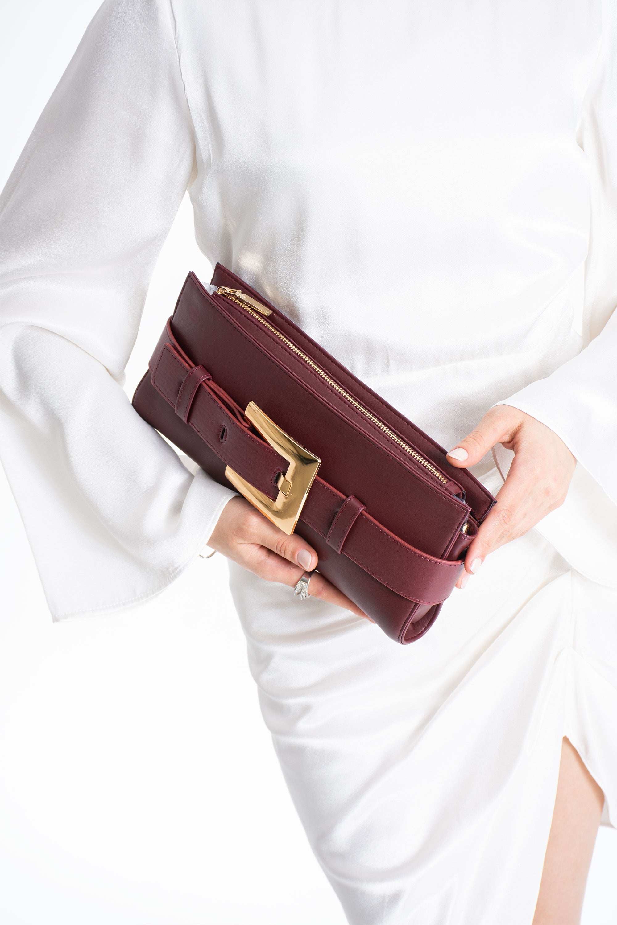 PU Leather Shoulder & Clutch Bag with Large Gold Buckle - Burgundy