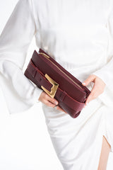 PU Leather Shoulder & Clutch Bag with Large Gold Buckle - Burgundy