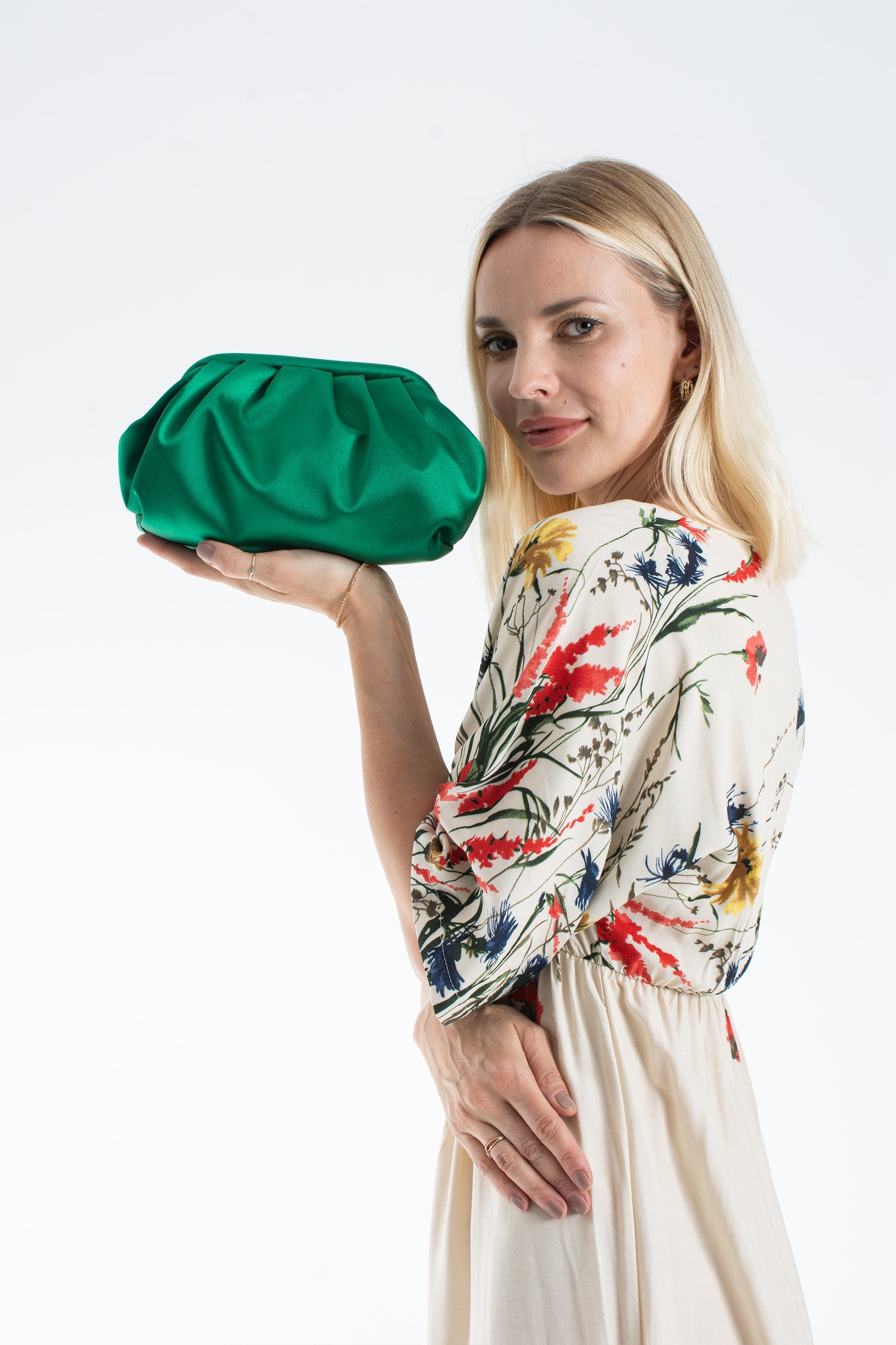 Satin Pouch Bag With Detachable Crossbody Strap - Green