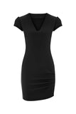 V-Neck Gathered Hip Mini Dress - Black