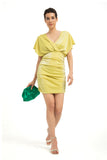 Shimmery V-Neck Gathered Dress - Yellow