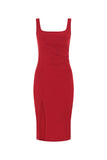 Square Neck Gathered Waist Midi Dress - Red