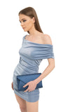 Shimmery One Shoulder Gathered Dress - Baby Blue