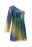 One Shoulder Sequin Mini Dress - Multi-Coloured