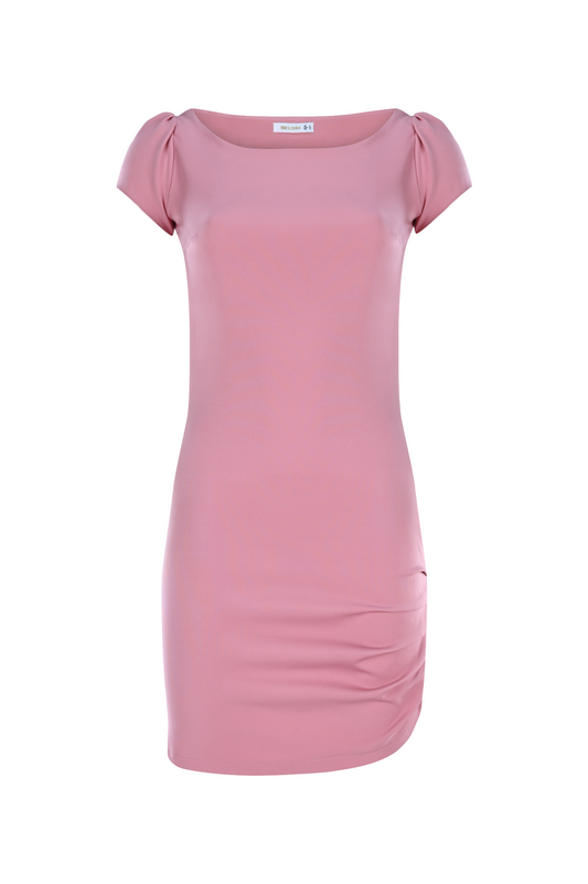 Bateau Neck Gathered Hip Mini Dress - Powder Pink