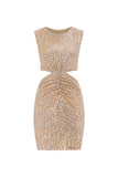 Cut Out Diamante Sequin Mini Dress - Nude