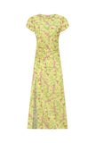 Satin Midi Dress With Side Slit - Yellow Flower Printed