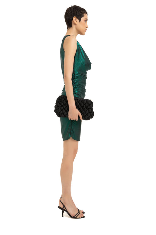 Cowl Neck Metallic Mini Dress - Green