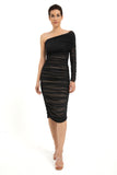 One Shoulder Mesh Ruched Midi Dress - Black