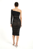 One Shoulder Mesh Ruched Midi Dress - Black