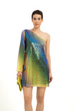 One Shoulder Sequin Mini Dress - Multi-Coloured