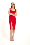 Square Neck Gathered Waist Midi Dress - Red
