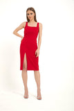 Square Neck Gathered Waist Midi Dress - Red