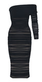 One Shoulder Mesh Ruched Midi Dress - Black