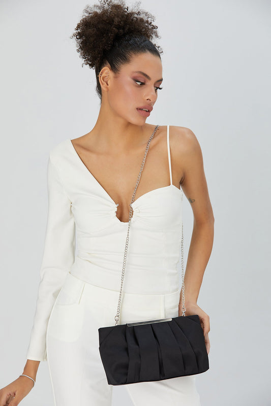 Pleated Satin Clutch Bag - Black