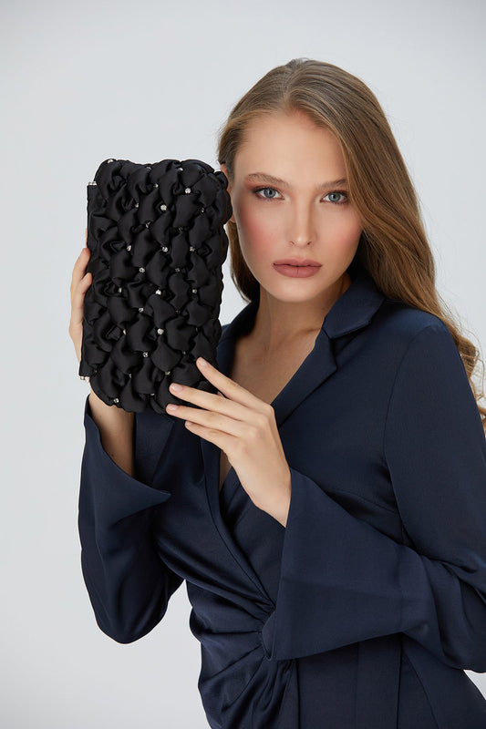 Recycled Quilted Satin Clutch Bag - Black