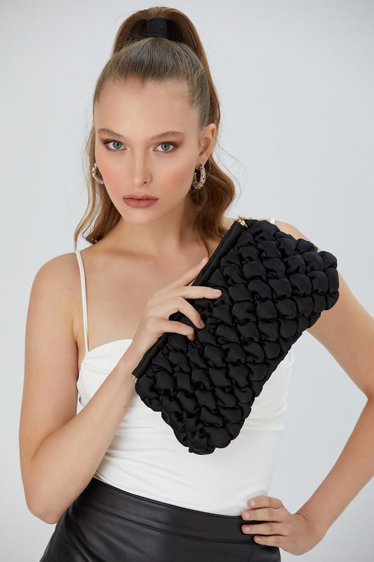 Quilted Satin Clutch Bag - Black