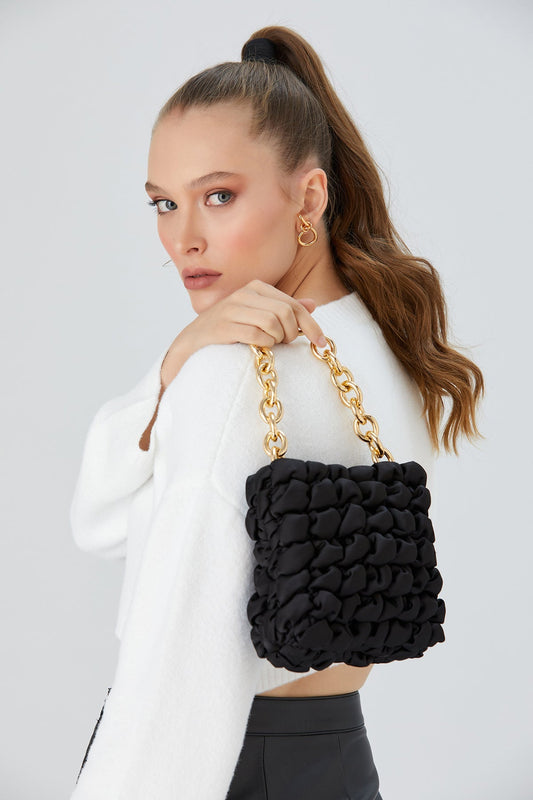 Quilted Satin Handbag - Black