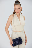 Recycled Quilted Satin Clutch Bag - Navy Blue