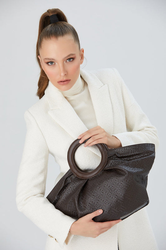 Top Handle Fan Tote Bag - Brown