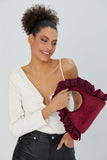 Frill Detail Velvet Shoulder Bag - Burgundy