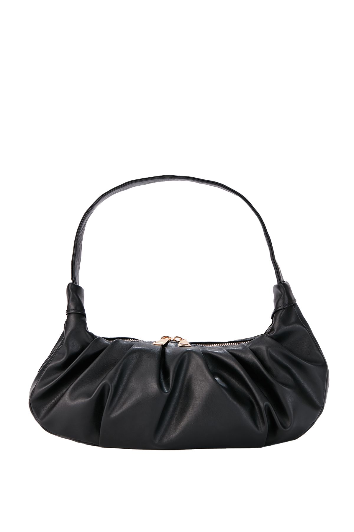Pleated Vegan Leather Shoulder Bag - Black