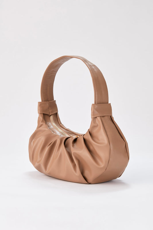 Pleated Vegan Leather Shoulder Bag - Nude