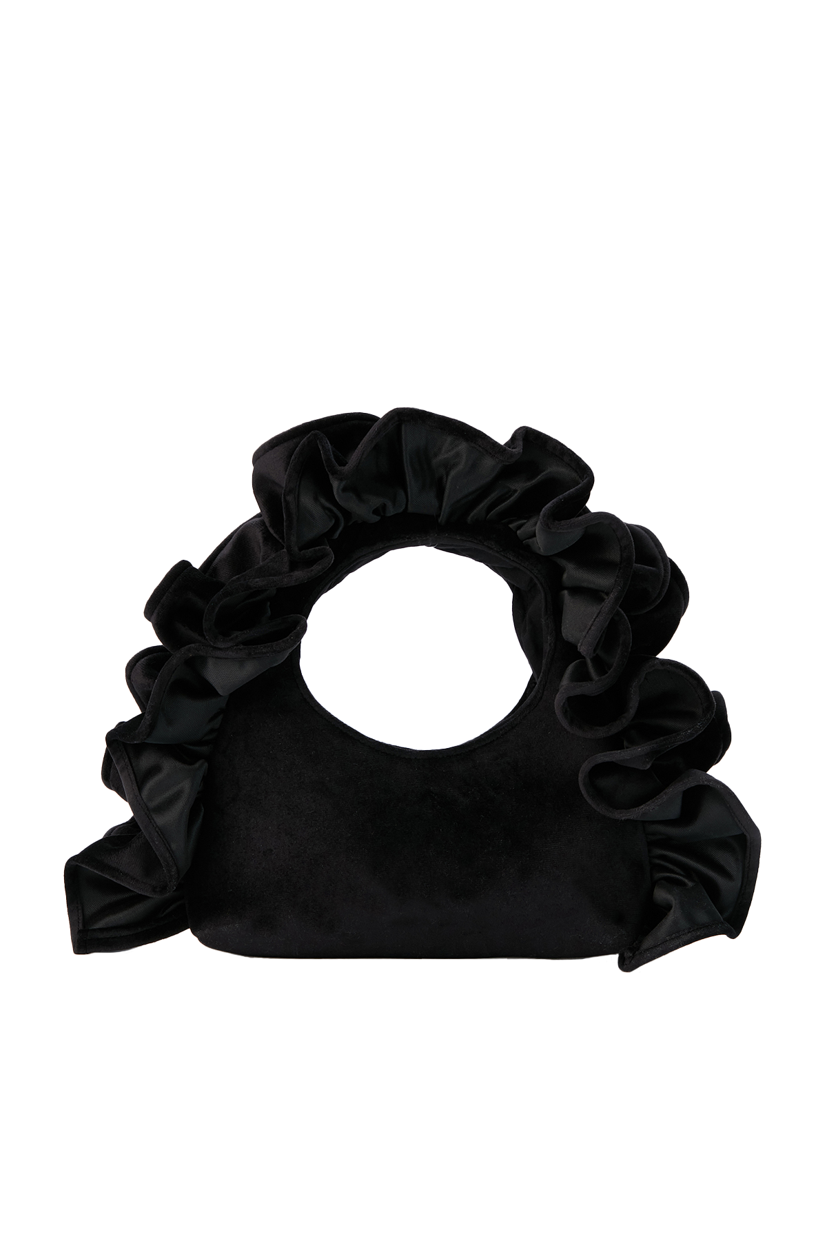 Frill Detail Velvet Shoulder Bag - Black
