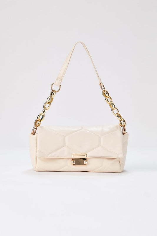 Quilted Vegan Leather Shoulder Bag - Beige