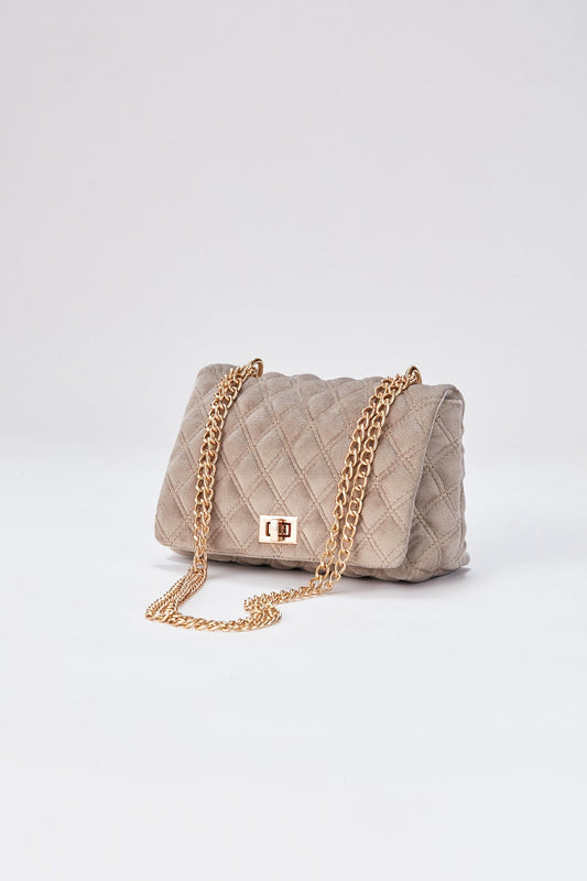 Horizontal Quilt Velvet Crossbody Bag - Beige