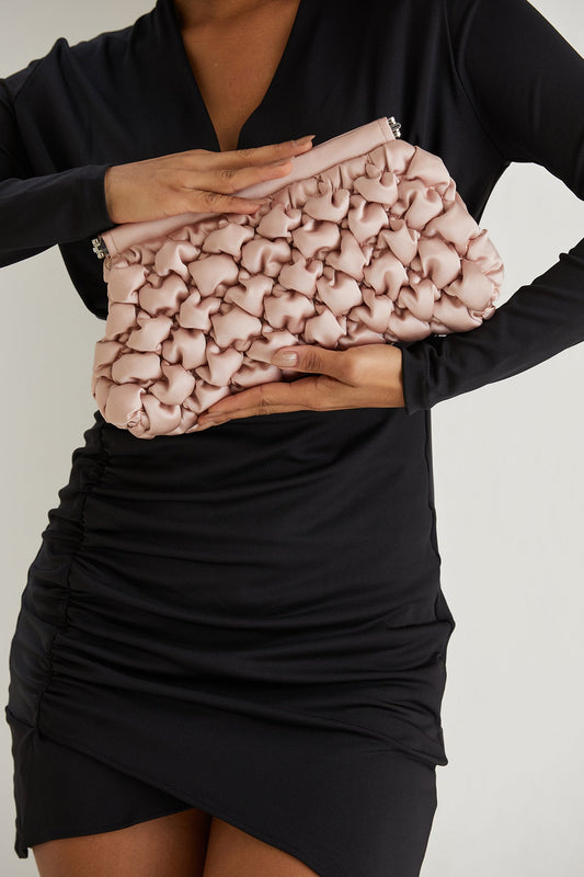 Quilted Satin Clutch Bag - Nude