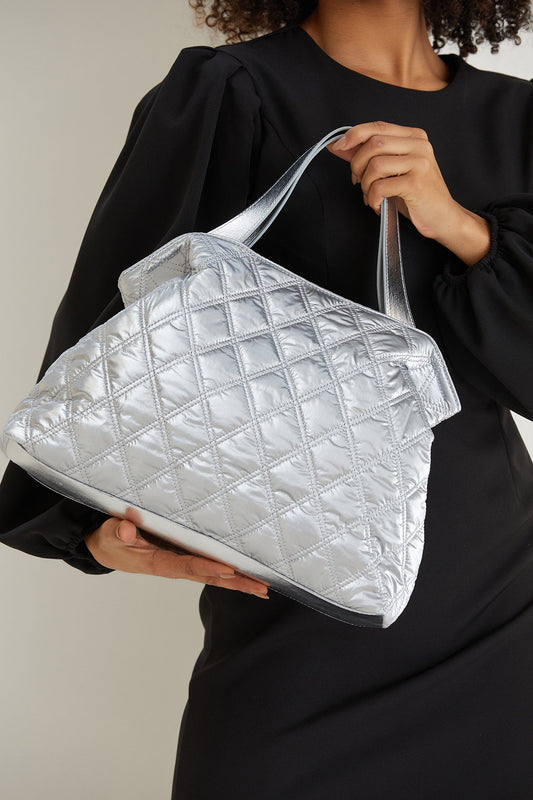 Quilted Metallic Fabric Tote Bag - Silver