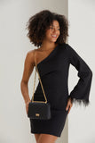 One Shoulder Mini Dress With Faux Feather Cuff - Black