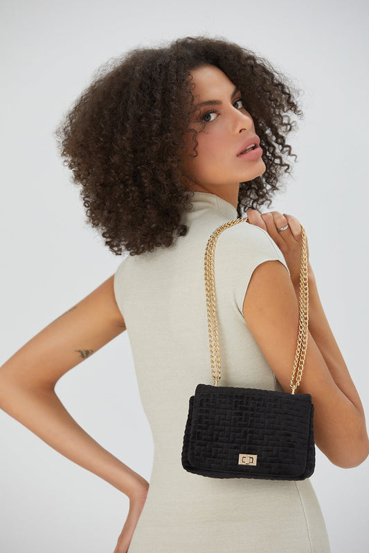 Quilted Velvet Crossbody Bag - Black