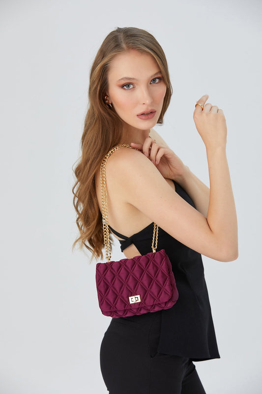 Recycled Quilted Satin Crossbody Bag - Burgundy
